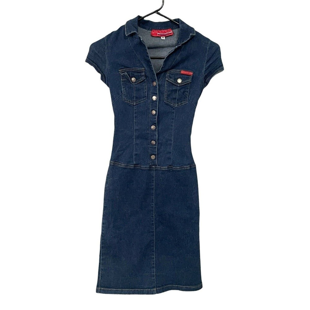 Hot Kiss Denim Dress Junior M Blue Dark Wash Drop Waist Button Front Cotton Jean